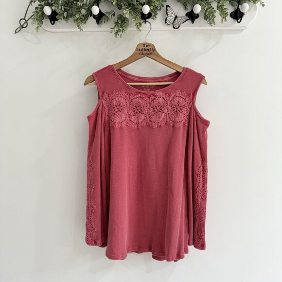 soft surroundings Red Crochet Waffle Knit Cold Shoulder Blouse MP VW - Picture 1 of 5